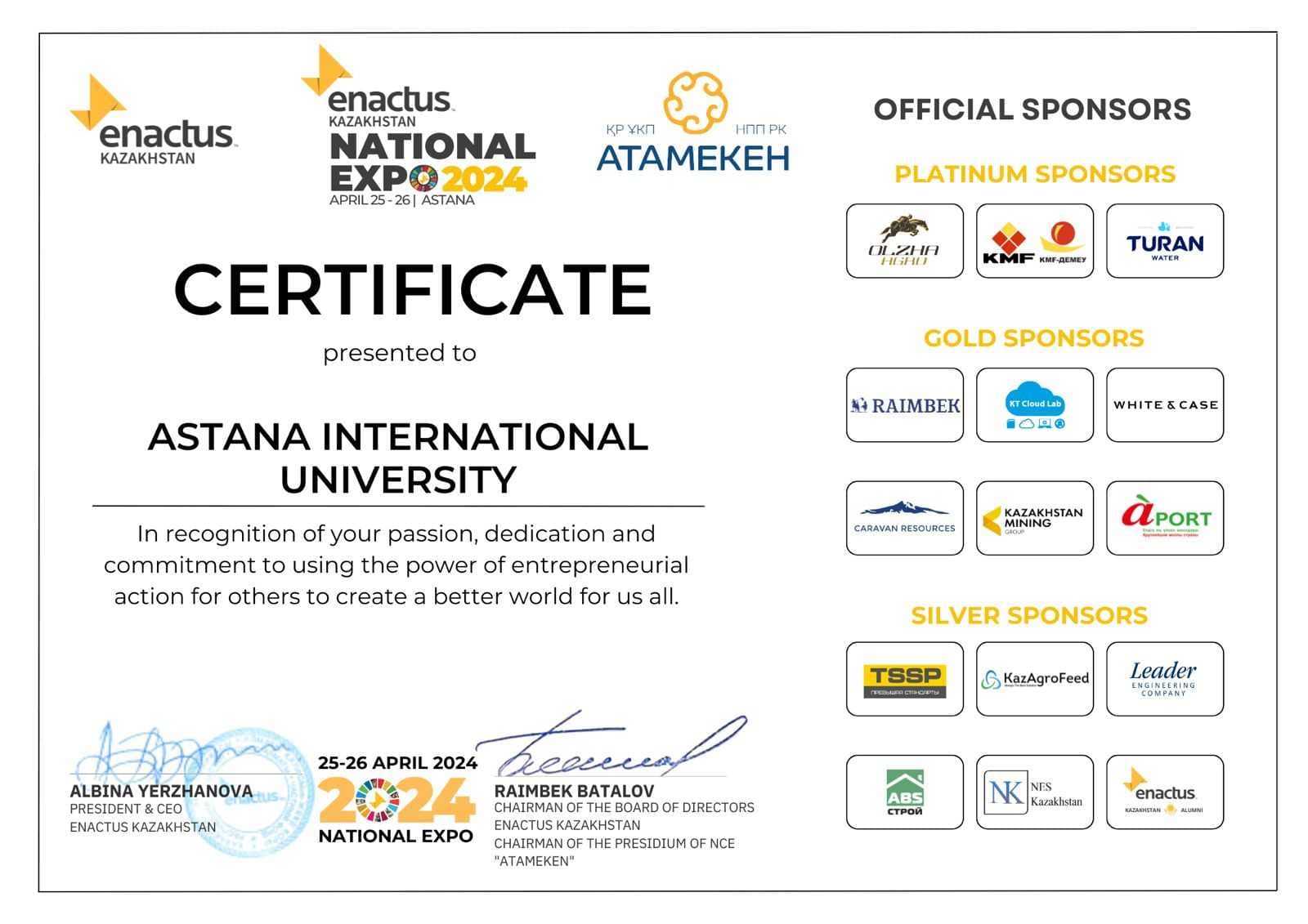 КОМАНДА СТУДЕНТОВ AIU  В НАЦИОНАЛЬНОМ ПРОЕКТЕ «ENACTUS KAZAKHSTAN EXPO 2024» — 2